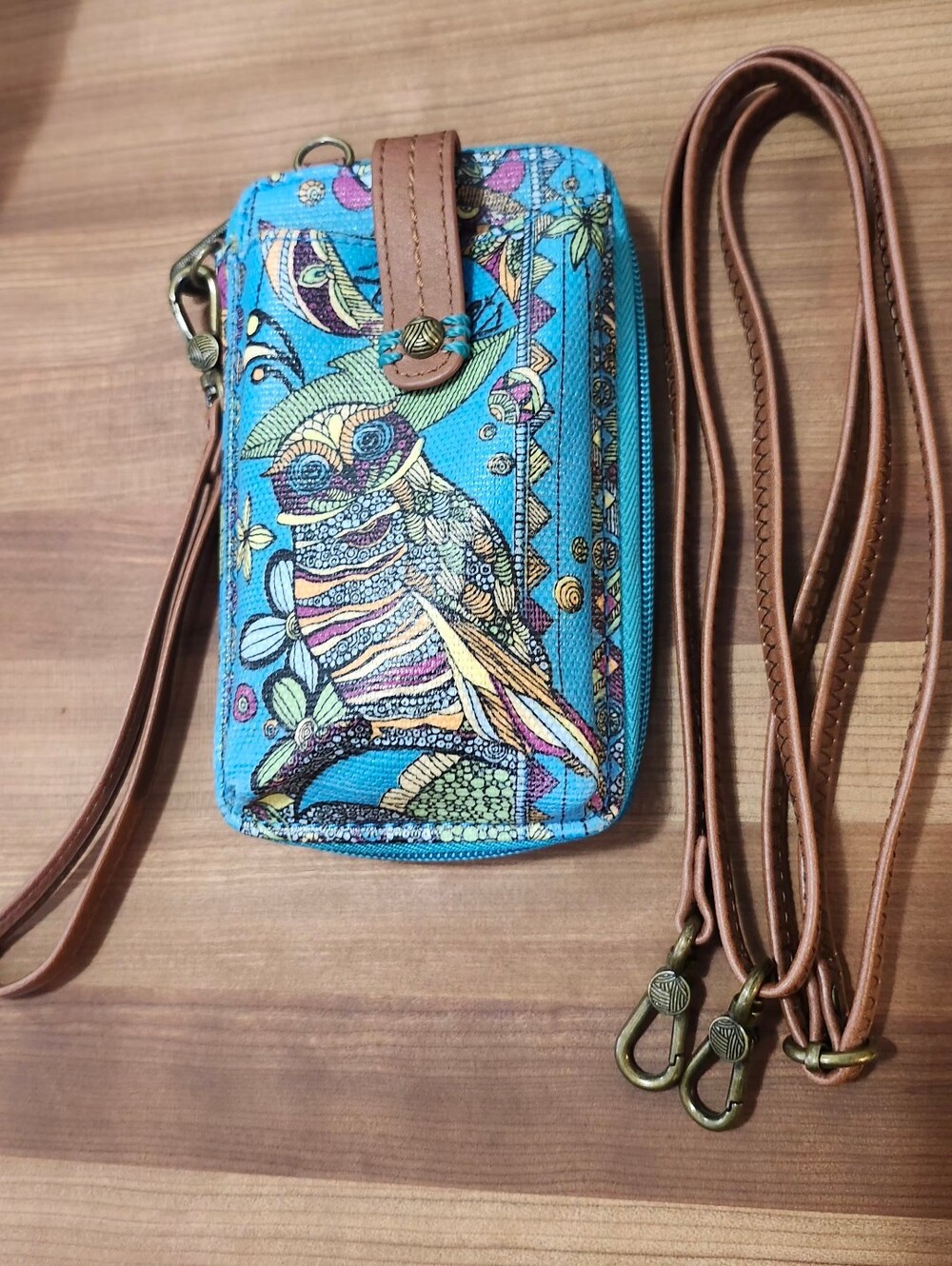 Like New Sakroots Blue Owl Crossbody Wallet Bag with Brown Strap.